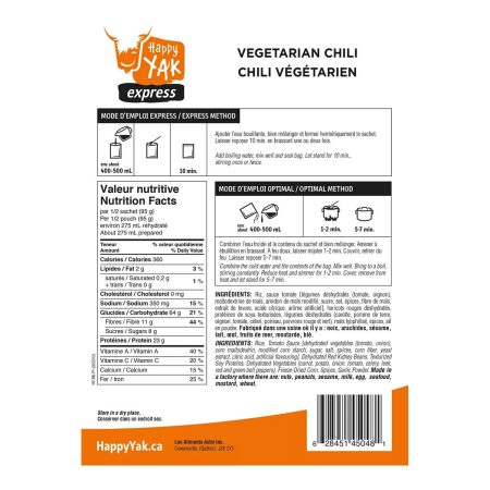 Happy Yak Vegetarian Chili Dehydrated Food Package