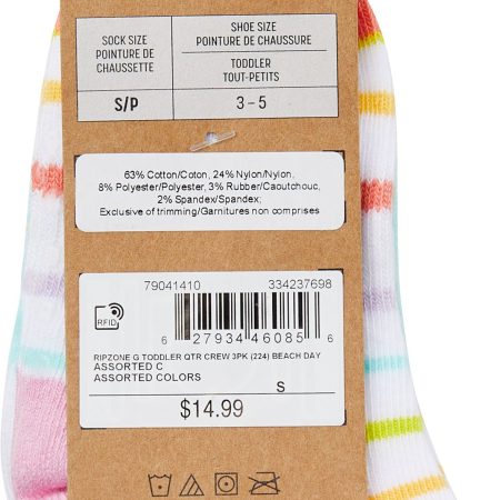 Ripzone Girls' Toddler Quarter Crew Socks - 3 Pack