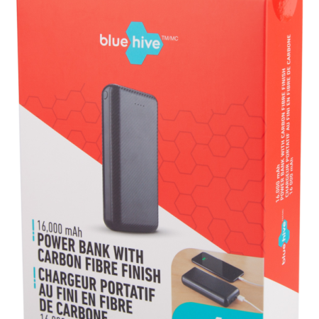 Bluehive 3-Port 16,000 mAh Portable Power Bank with Battery LED Indicator Light, Black