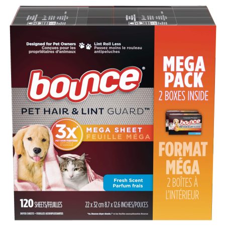 Bounce Pet Hair and Lint Guard Mega Dryer Sheets, Fresh Scent, 120 Count