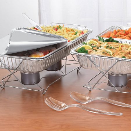 Rectangle Reusable Buffet Set with Pans, Wire Racks, Serving Spoons, Serving Forks & Fuel Cans, Silver, 24-pk, for Birthday/Wedding/Anniversary