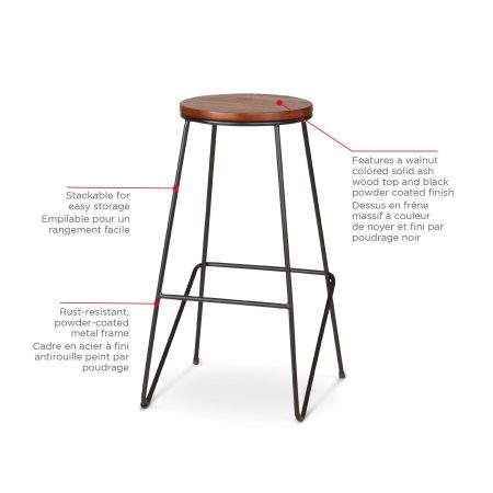 CANVAS Axel Round Metal & Solid Wood Top Counter Stool Armless Backless, Black/Brown