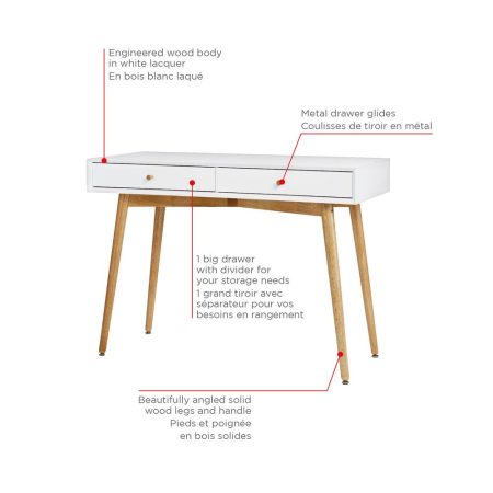 CANVAS Copenhagen 2-Drawer Home Office Writing Console Desk/Table With Wood Legs, White