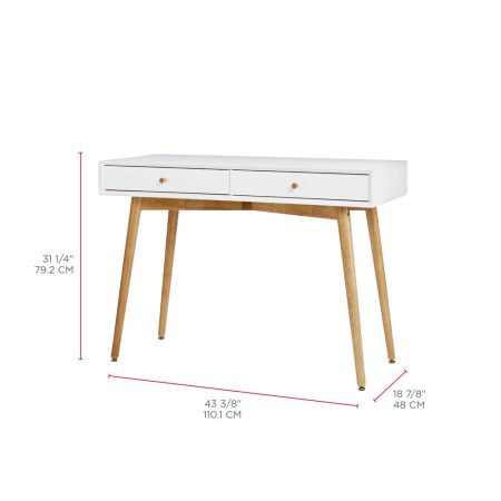 CANVAS Copenhagen 2-Drawer Home Office Writing Console Desk/Table With Wood Legs, White