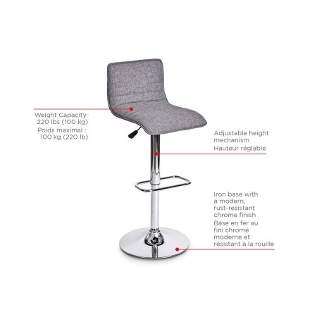 CANVAS Finn Upholstered Bar Stool Adjustable Height & Backrest, Grey