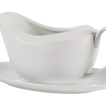 CANVAS Porcelain Gravy Boat with Saucer Stand, White, 6.5-in, 2-pk, for Christmas/Thanksgiving/New Year's Eve/Birthday Party