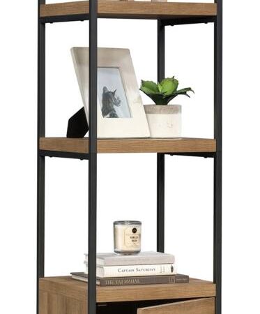 CANVAS Robson 4-Tier Metal Frame Narrow Bookcase With Storage Door, Oak Finish