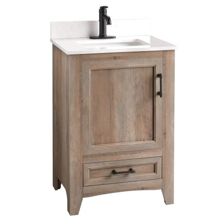 Canvas Wellington Single Door Single Sink Stone Top Bathroom Vanity, Weathered Oak, 24-in