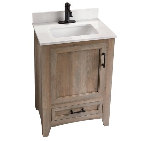 Canvas Wellington Single Door Single Sink Stone Top Bathroom Vanity, Weathered Oak, 24-in