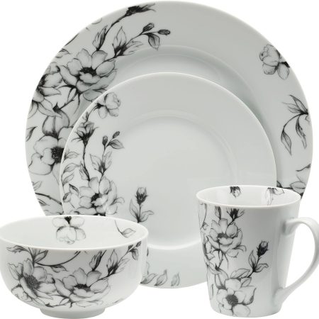 CANVAS Wild Rose 16pc Porcelain Dinnerware Set, Serves 4, White