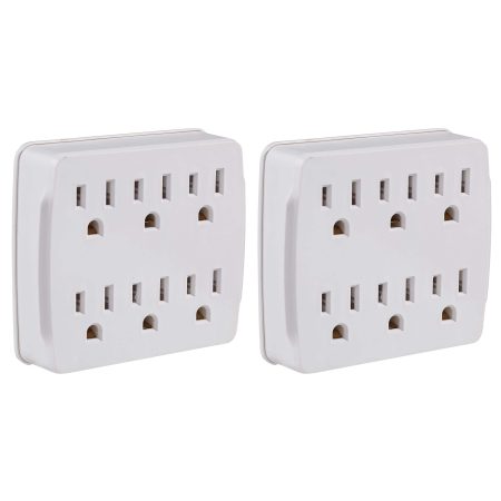 Certified 6-Outlet Extender Wall Tap, 2-pk, Grounded Adapter, 3-Prong, White