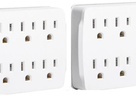 Certified 6-Outlet Extender Wall Tap, 2-pk, Grounded Adapter, 3-Prong, White