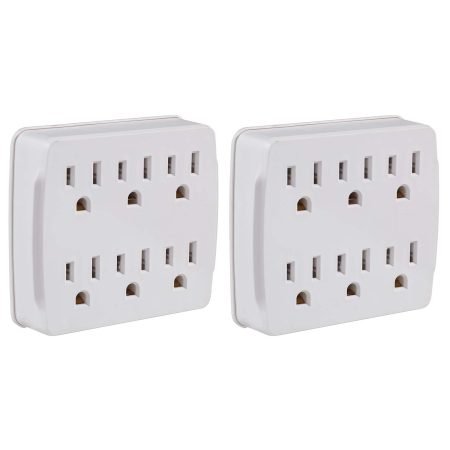 Certified 6-Outlet Extender Wall Tap, 2-pk, Grounded Adapter, 3-Prong, White