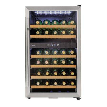 Danby Freestanding Dual Zone Wine Fridge/Cooler with Wood Shelves, Holds 38-Bottles, Stainless Steel