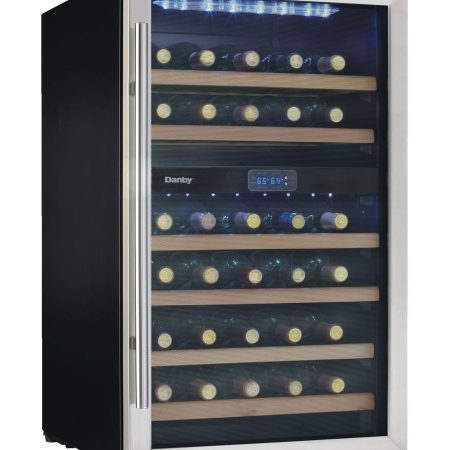 Danby Freestanding Dual Zone Wine Fridge/Cooler with Wood Shelves, Holds 38-Bottles, Stainless Steel