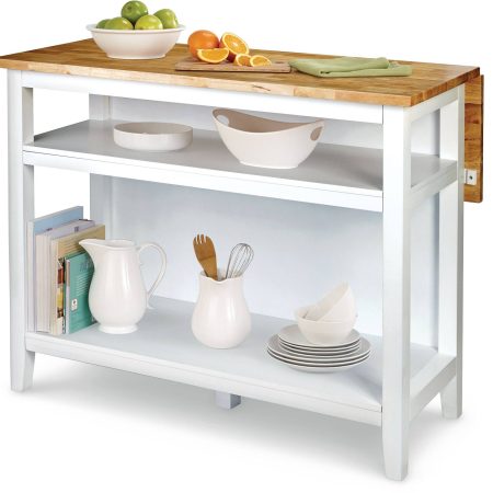 For Living  Wood Top Open Shelf Kitchen Storage Island With Folding Leaf, White