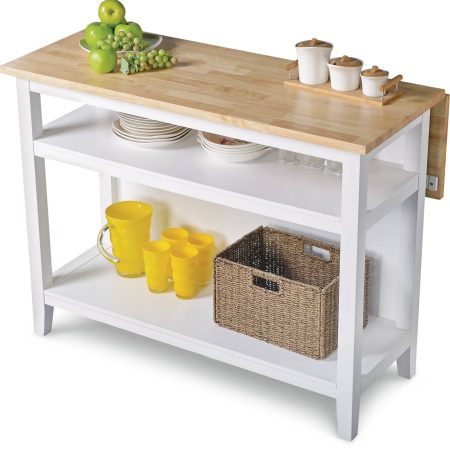 For Living  Wood Top Open Shelf Kitchen Storage Island With Folding Leaf, White