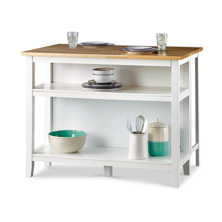 For Living  Wood Top Open Shelf Kitchen Storage Island With Folding Leaf, White