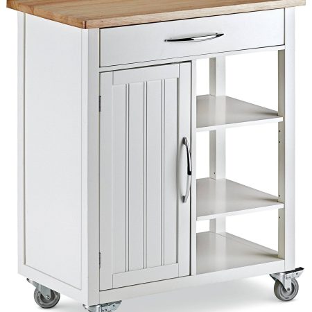 For Living Wood Top Kitchen Utility Storage Cart/Island With Locking Wheels, White