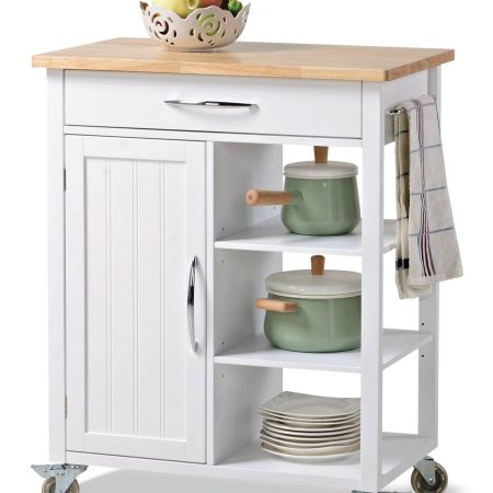 For Living Wood Top Kitchen Utility Storage Cart/Island With Locking Wheels, White