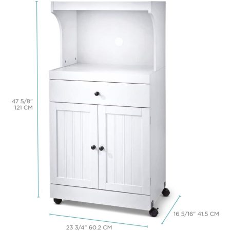 For Living 2-Door 1-Drawer Microwave Cart/Stand Kitchen Storage Cabinet With Wheels, White