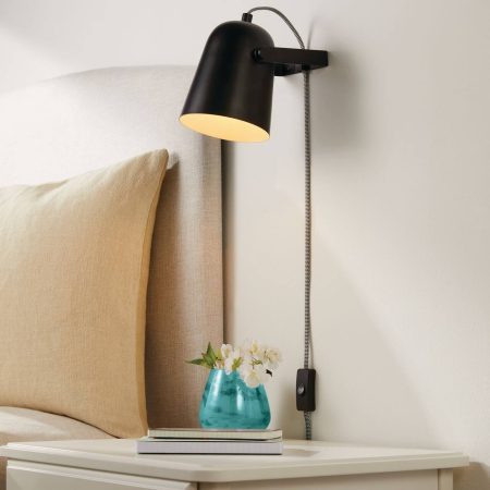 For Living Plug-In Wall Sconce with Pivoting Metal Shade, Black