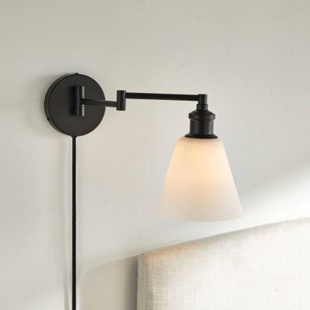 For Living Plug-In Wall Sconce with Glass Shade, Matte Black