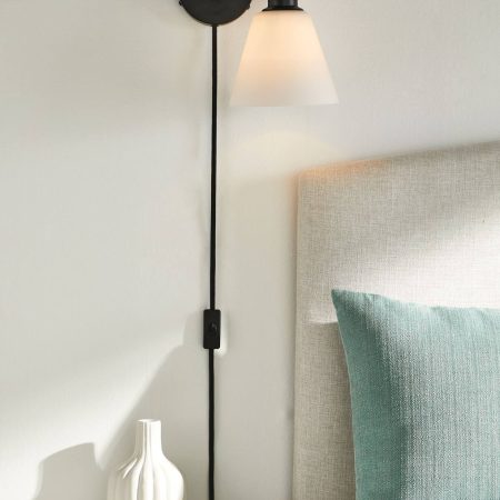 For Living Plug-In Wall Sconce with Glass Shade, Matte Black