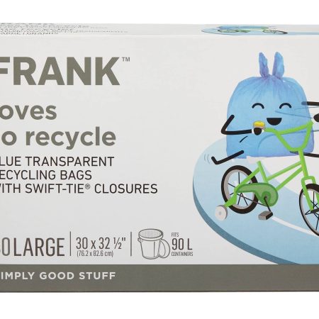 FRANK Large Swift-Tie Recycling Bags, Blue Transparent, 30-pk, 90-L