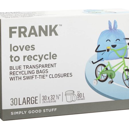 FRANK Large Swift-Tie Recycling Bags, Blue Transparent, 30-pk, 90-L