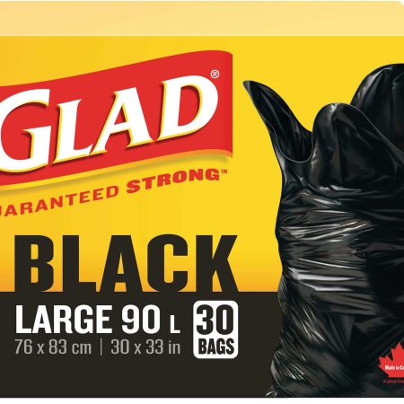 Glad Large Easy-Tie Flap Indoor/Outdoor Garbage Bags, 30-pk, Black, 90-L