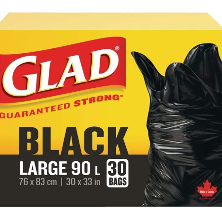 Glad Large Easy-Tie Flap Indoor/Outdoor Garbage Bags, 30-pk, Black, 90-L