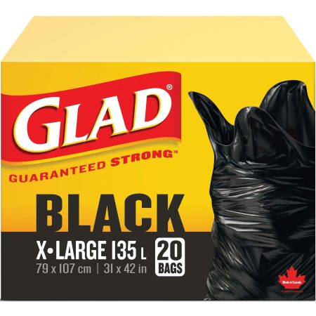 Glad Extra-Large Easy-Tie Flap Indoor/Outdoor Garbage Bags, 20-pk, Black, 135-L