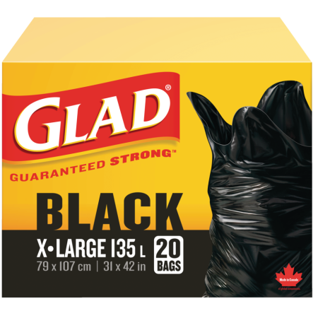 Glad Extra-Large Easy-Tie Flap Indoor/Outdoor Garbage Bags, 20-pk, Black, 135-L