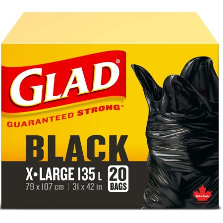 Glad Extra-Large Easy-Tie Flap Indoor/Outdoor Garbage Bags, 20-pk, Black, 135-L