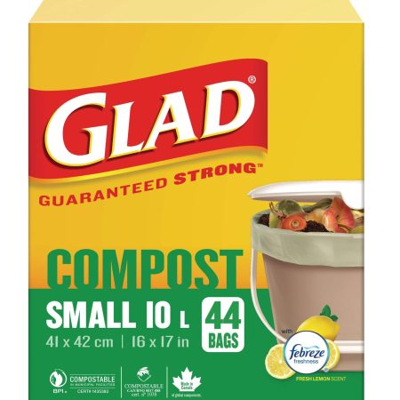 Glad Small 100% Compostable Febreze Lemon Scented Food Waste Bags, 44-pk, 10-L