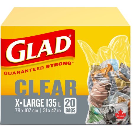 Glad Extra-Large Easy-Tie Flap Indoor/Outdoor Garbage/Recycling Bags, 20-pk, Clear, 135-L