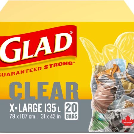 Glad Extra-Large Easy-Tie Flap Indoor/Outdoor Garbage/Recycling Bags, 20-pk, Clear, 135-L