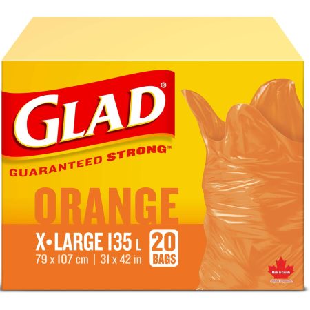 Glad Extra-Large Easy-Tie Flap Indoor/Outdoor Garbage Bags, 20-pk, Orange, 135-L