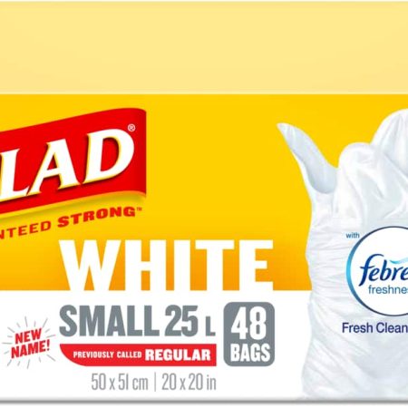 Glad Small Easy-Tie Flap Febreze Fresh Clean Scent Garbage Bags, 48-pk, White, 25-L