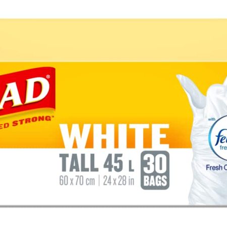 Glad Tall Easy-Tie Flap Febreze Fresh Clean Scent Garbage Bags, 30-pk, White, 45-L