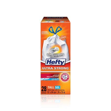 Hefty® ULTRA STRONG™ Tall 50-L White Kitchen Garbage Bags with Drawstring & ARM & HAMMER™, 28-pk