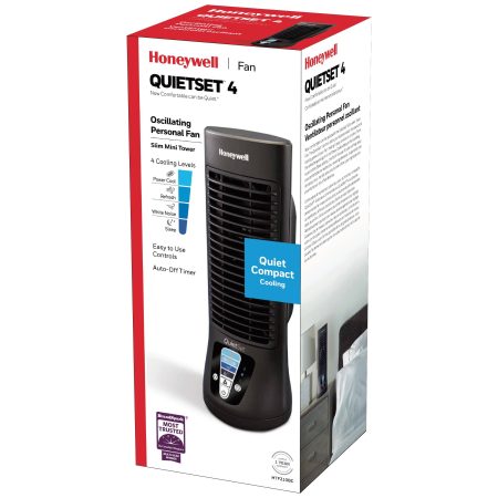 Honeywell QuietSet Mini Oscillating Tower Table/Desk Fan, 4-Speed, Black, 13-in