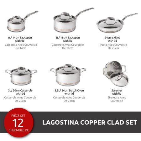 Lagostina 5-Ply Copper Clad Stainless Steel Cookware Set & Oven Safe, 12-pc