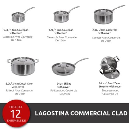 Lagostina 3-Ply Commercial Clad Stainless Steel Cookware Set & Oven Safe, 12-pc