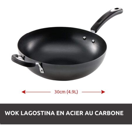 Lagostina Carbon Steel Wok Stir Fry Pan, Oven Safe, Black, 30-cm