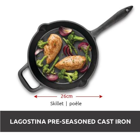 Lagostina Cast Iron Preseasoned Frying Pan, Oven & Broiler Safe, Black, 26-cm