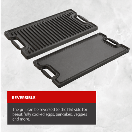 Lagostina Pre-Seasoned Cast Iron Reversible Grill, Oven & BBQ Safe, Black, 50.8-cm x 26.6-cm