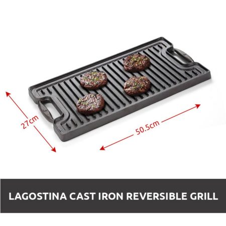 Lagostina Pre-Seasoned Cast Iron Reversible Grill, Oven & BBQ Safe, Black, 50.8-cm x 26.6-cm