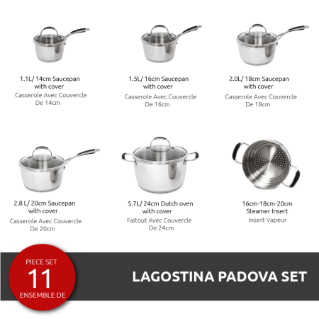 Lagostina Padova Stainless Steel Cookware Set & Oven Safe, 11-pc